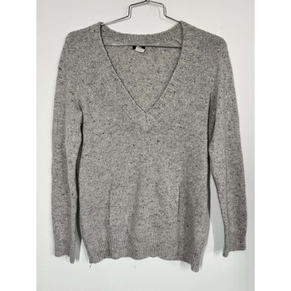 VTG J Crew Deep V Neck Sweater Wool Angora Mohair Blend Gray Kanga Pocket Size S